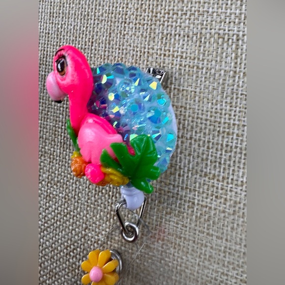 Playful Pink Flamingo Card Holder Badge Reel with Floral Accent - Picture 2 of 2